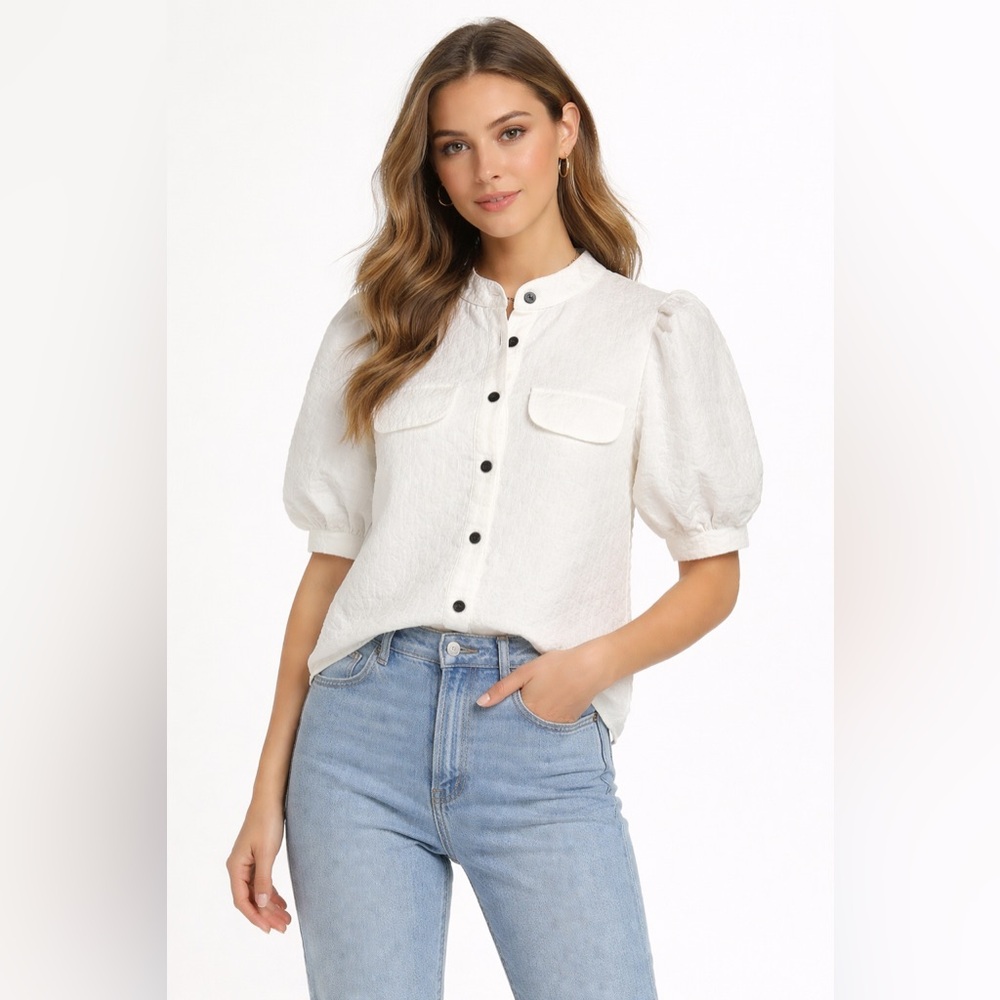 NWT Alan Beck White Textured Puff Sleeve Blouse